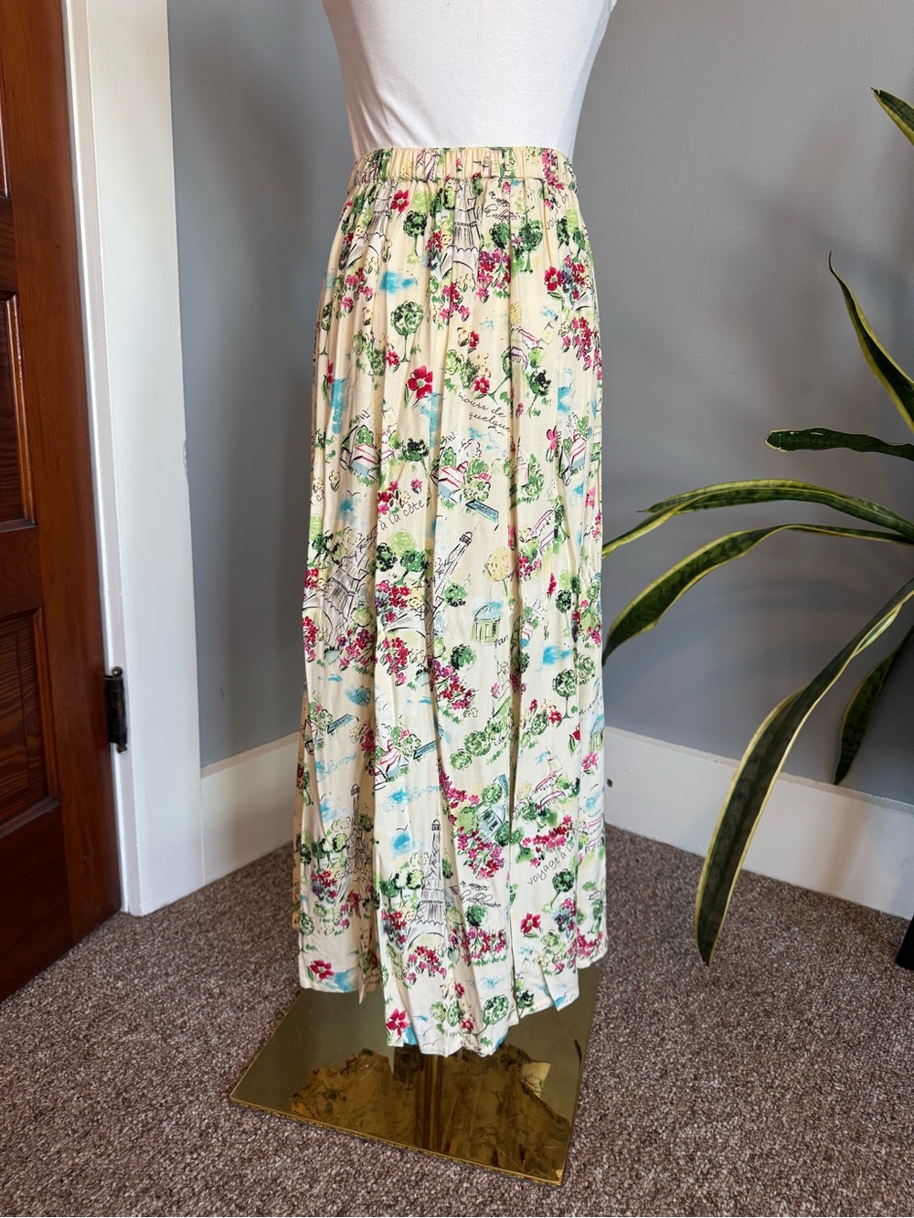 CJ Banks Cream Maxi Skirt with Pink & Green Floral Print